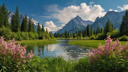Summer landscape with lake and mountains in the background. Panorama.の写真素材