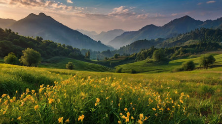 Sunset in the mountains. Beautiful summer landscape with meadow and hills.の写真素材