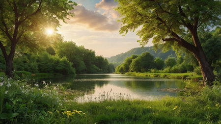 Beautiful summer landscape with lake in the park at sunset. Natural backgroundの写真素材