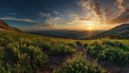 Sunset in the mountains. Panoramic view of the summer landscape.の写真素材