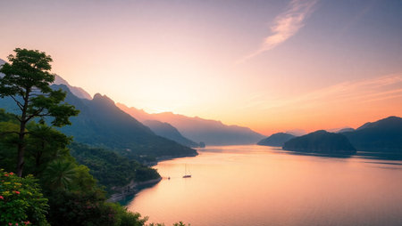 Sunset on Lake Como, Italy. Panoramic view of the lake and mountains.の写真素材