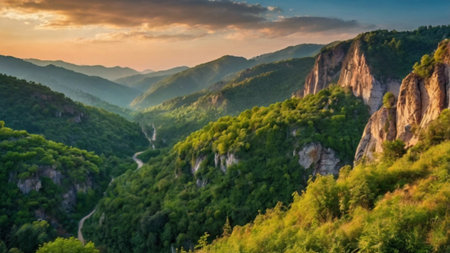 Panoramic view of the mountains at sunset. Summer landscape.