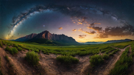 Mountain landscape at night with starry sky. Panoramic view