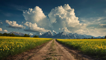 Dirt road through blooming colza field with mountains in backgroundの写真素材