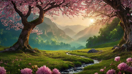 Cherry blossoms and a stream in the mountains at sunrise.の写真素材