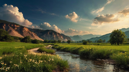 Panoramic view of the valley and the river at sunset.の写真素材