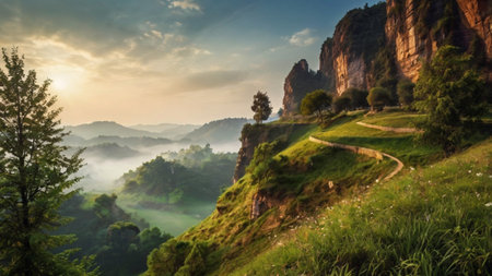 Panoramic view of misty valley at sunrise. Beautiful nature landscape.の写真素材