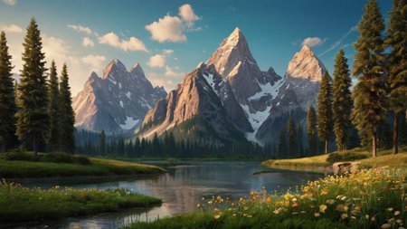 Mountain landscape with lake, forest and mountains in the background.の写真素材