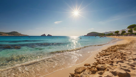 Panoramic view of the beautiful beach of Ibiza, Spain
