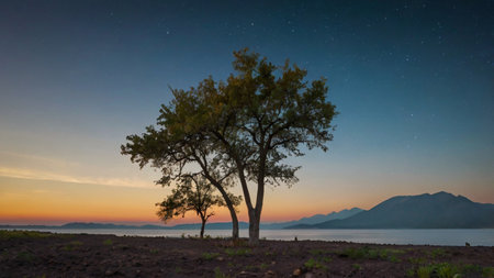 Lonely tree on the lake at night with starry skyの写真素材
