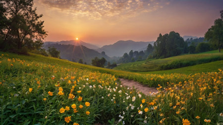 Sunset in the mountains with yellow flowers in the meadow.