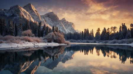 panoramic view of winter alpine lake. Dolomites, Italyの写真素材