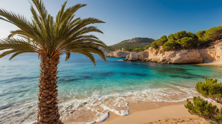 Panoramic view of the beach with palm trees on the island of Sardiniaの写真素材