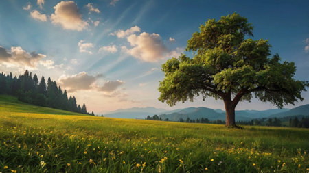 Beautiful summer landscape with big tree on meadow in the mountainsの写真素材