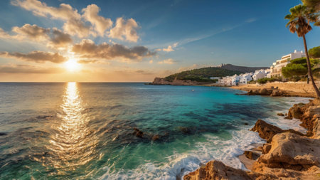 Panoramic view of Cala Figuera beach at sunset, Ibiza island, Spainの写真素材