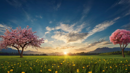 Beautiful cherry blossom tree on meadow and sunset sky background