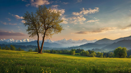 Beautiful summer landscape with a lonely tree and mountains in the backgroundの写真素材
