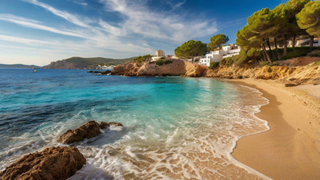 Panoramic view of a beach, Costa Brava, Catalonia, Spainの写真素材