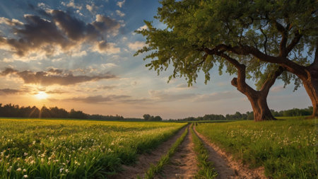 Sunset in the field with oak trees and blue sky with clouds