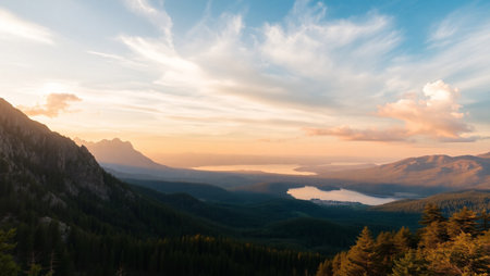 Sunset in the mountains. View from the top of the mountain.の写真素材