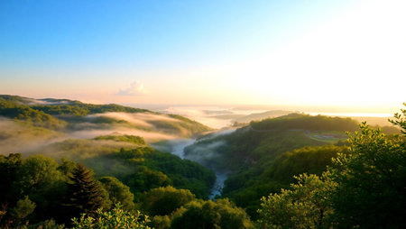 Foggy morning in the mountains. Panoramic view.の写真素材