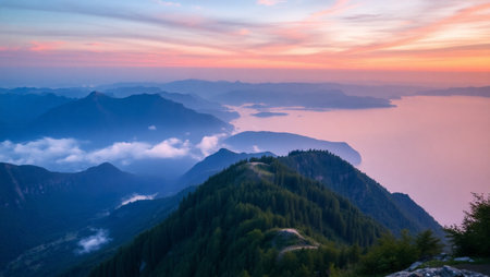 Sunrise in the mountains of Adygea, Russia.
