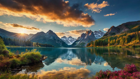 Mountain lake at sunset. Beautiful summer landscape. Landscape with mountain lake.の写真素材