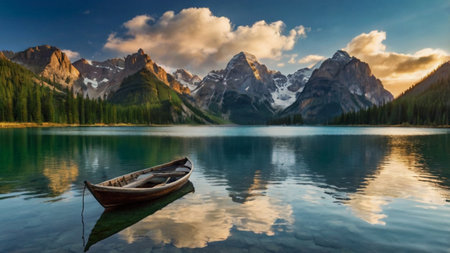 Fantastic lake in the mountains. Dramatic overcast sky.の写真素材
