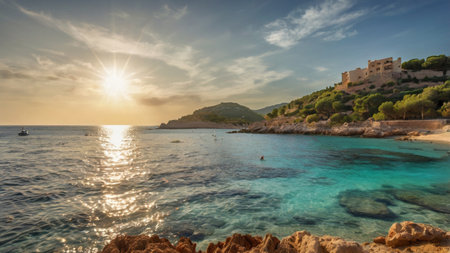 Panoramic view of Cala Mondrago at sunsetの写真素材