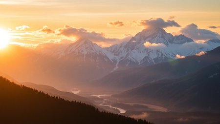 Mountain landscape at sunset. Panoramic view of the mountains.の写真素材