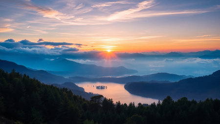 Beautiful sunrise over the lake in the mountains. Beautiful landscape.の写真素材