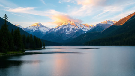 Mountain lake at sunset, Jasper National Park, Alberta, Canada