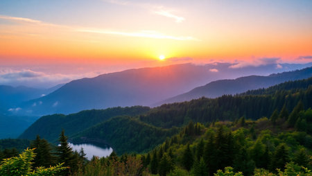 Beautiful sunrise in the mountains. Landscape with mountains and lake.