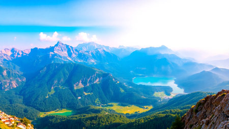 panoramic view of the mountains and the lake in the Swiss Alps