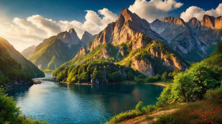 Panoramic view of the lake in the mountains. Nature composition.