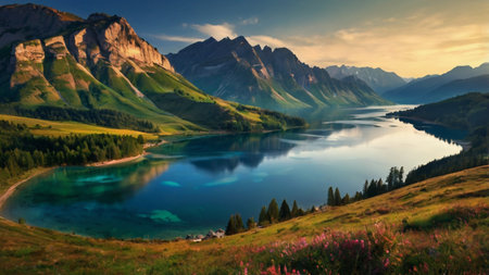 Beautiful alpine lake in the mountains at sunrise