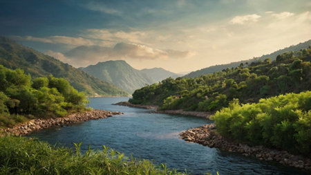Beautiful landscape with mountains and river. Panoramic view.