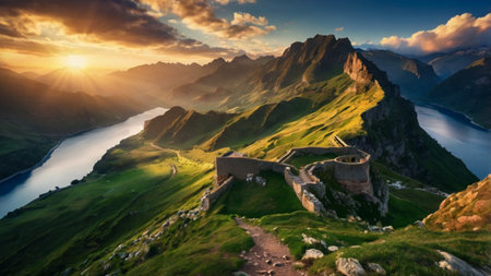 Fantastic panoramic view of the old fortress in the mountains at sunset