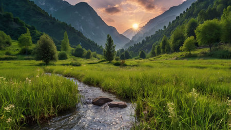 Sunset in the mountains with a small river and green meadow