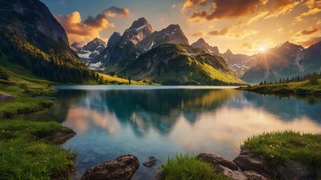 Beautiful alpine lake in front of the mountains at sunset.の写真素材