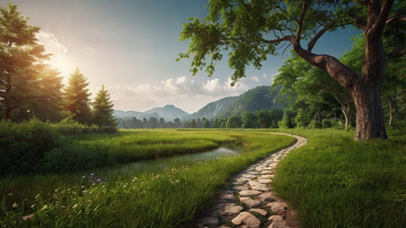 Beautiful landscape with river and green meadow in the morning.の写真素材