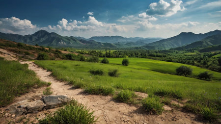 Landscape of green meadows and mountain range with blue sky.の写真素材