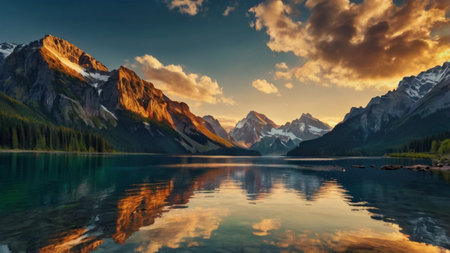 Mountain lake with reflection in the water at sunrise, Canadian Rockiesの写真素材