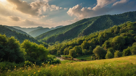 Beautiful summer landscape in mountains at sunset. Ukraine, Europe.の写真素材