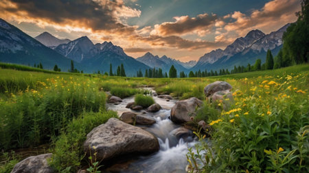 Mountain landscape with wildflowers and a mountain stream at sunsetの写真素材