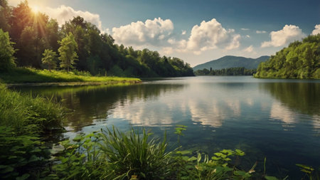 Beautiful lake in the mountains. Summer landscape with forest and lake.の写真素材