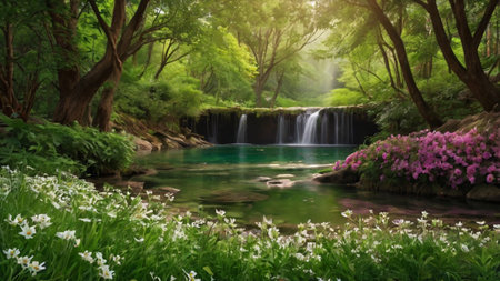 Beautiful waterfall in the forest with green grass and white flowers.の写真素材