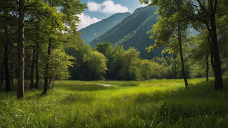 Beautiful summer landscape in the mountains. Green meadow and forestの写真素材