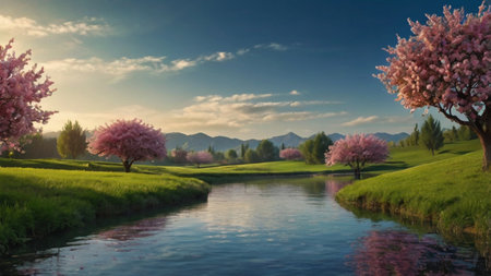 Beautiful spring landscape with blooming sakura trees and river.の写真素材