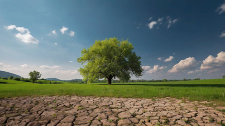 Green tree in the field and blue sky with clouds, panoramaの写真素材
